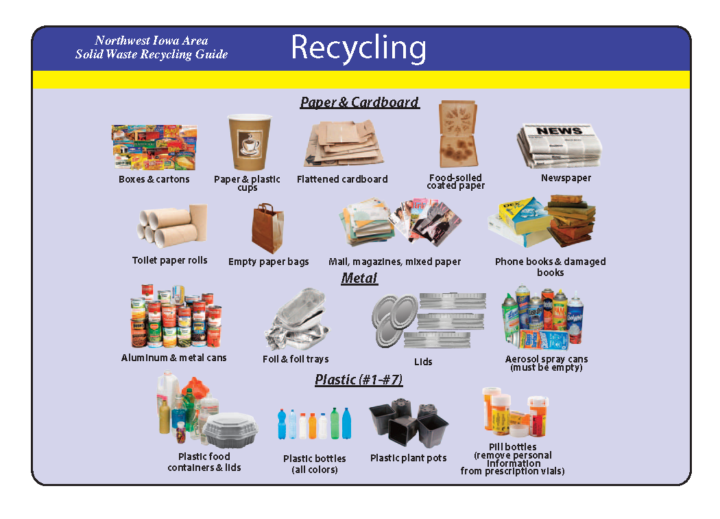 Accepted Recycling Materials: boxes, paper and plastic cups, cardboard, newspaper, toilet paper roll